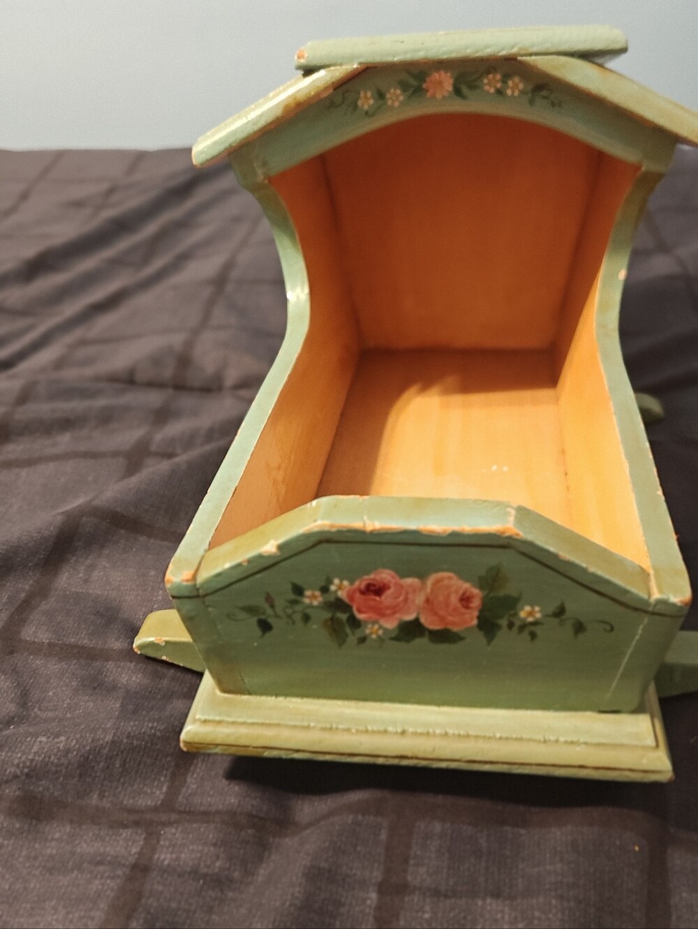 Hand-Painted Green Wooden Decorative Cradle with Rose Motif